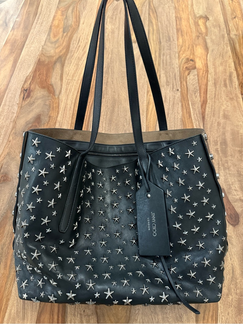 ✅ Authentic Jimmy Choo Black Pimlico Star Studded Leather Tote Bag